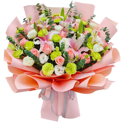 桂林16朵粉玫瑰百合康乃馨，宁静和温柔