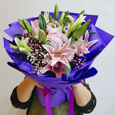 桂林6支粉色多头百合，真诚的问候